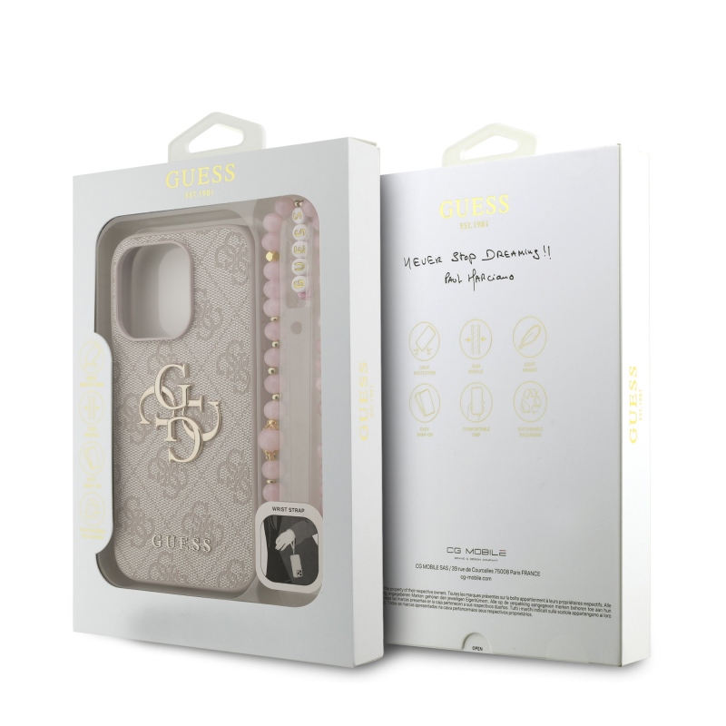 Guess PU 4G fém logós fém pánt hátlap iPhone 15 Pro Max rózsaszínű borítóhoz