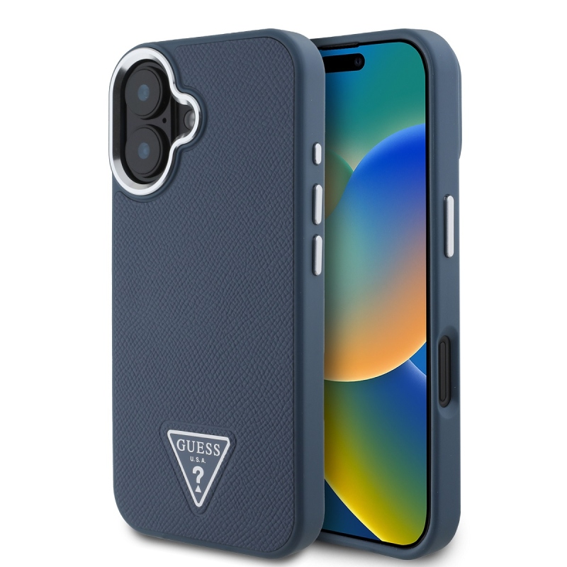 Guess PU szemcsés, háromszög alakú logós hátlap iPhone 16-hoz Kék