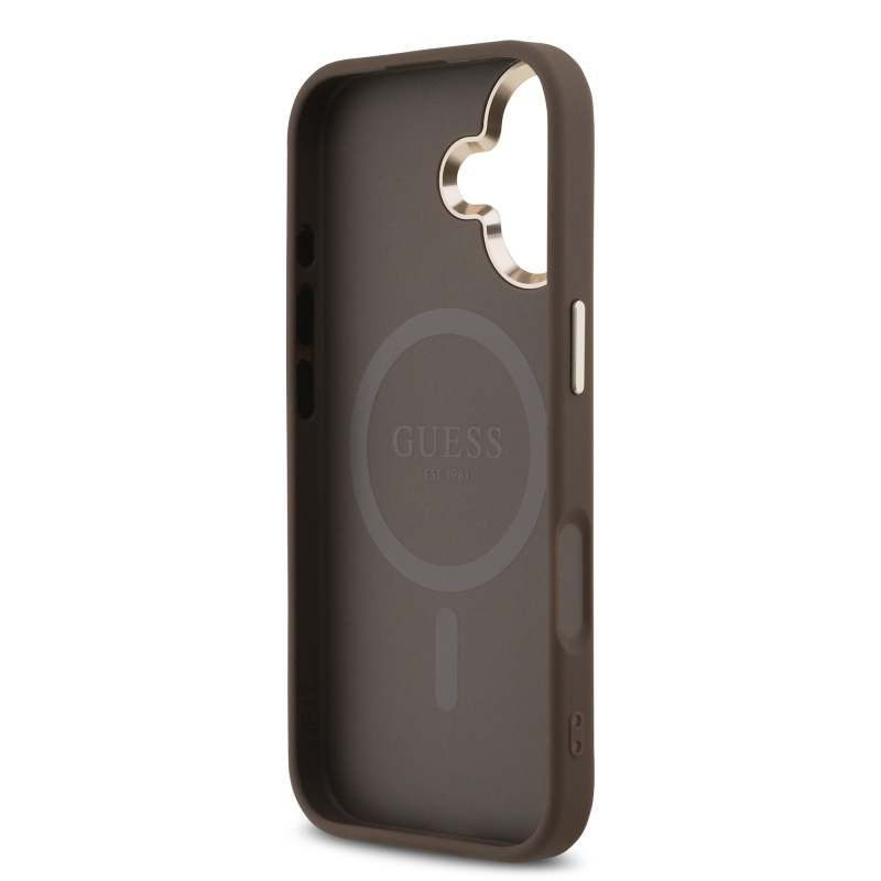 Guess PU bőr 4G háromszög logó arany keret MagSafe hátlapi borító iPhone 17 barna 17 barna
