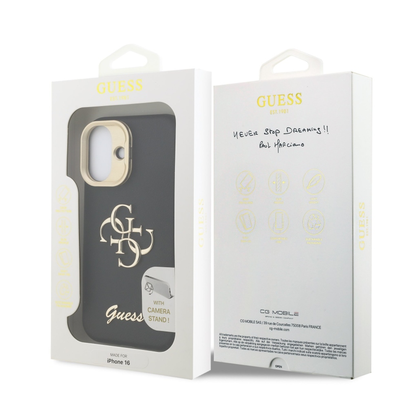 Guess PU szemcsés 4G Logo Stand Kamera keret hátlapi borító iPhone 16-hoz Fekete