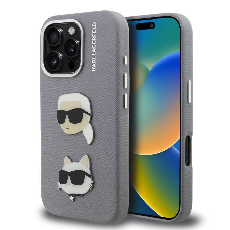 Karl Lagerfeld szemcsés PU K&CH Heads hátlap iPhone 16 Pro Max szürke számára