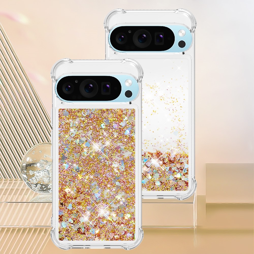 Csillogó homokóra zselés tok Google Pixel 10 Pro/Pixel 10 - arany/szív