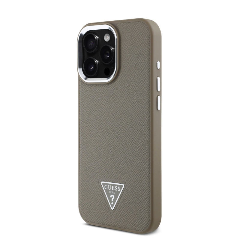 Guess PU szemcsés, háromszög alakú logós hátlap iPhone 16 Pro barna színű készülékhez