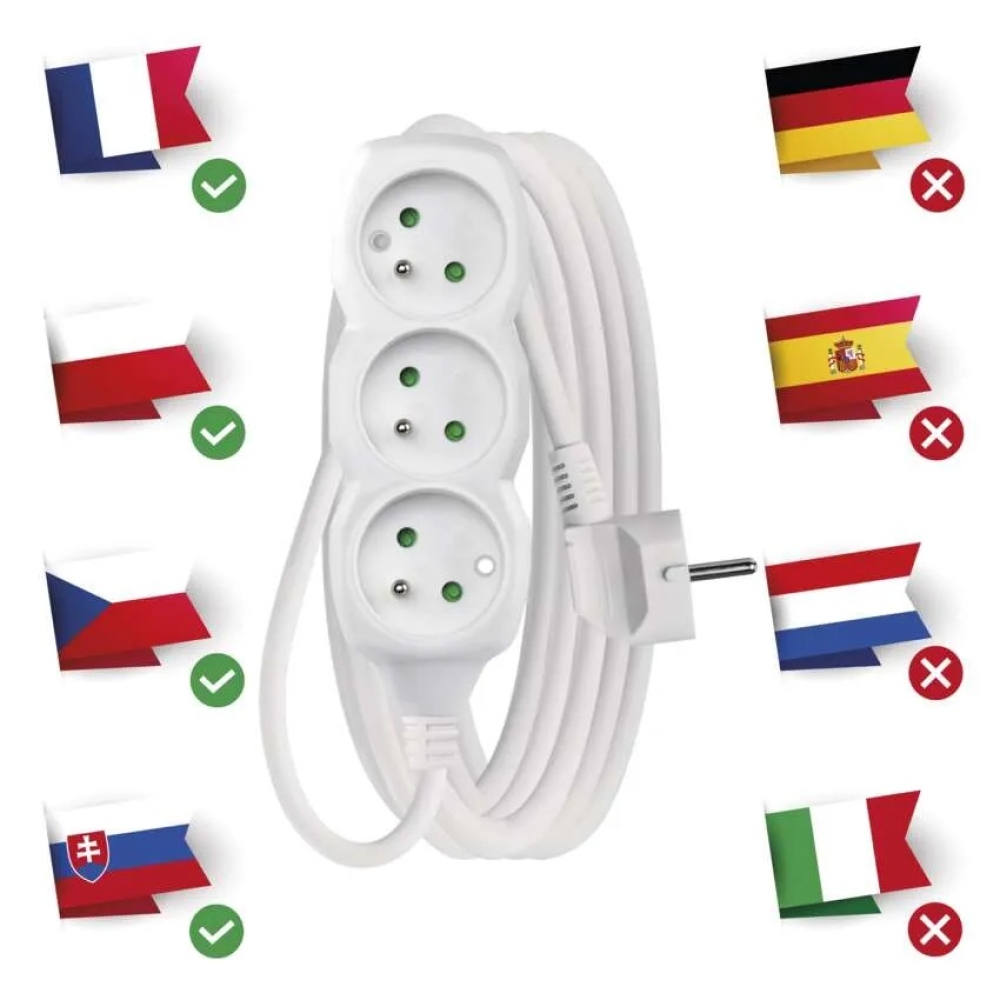 Hosszabbító kábel 5 m / 3 aljzat / fehér / PVC / 1 mm2