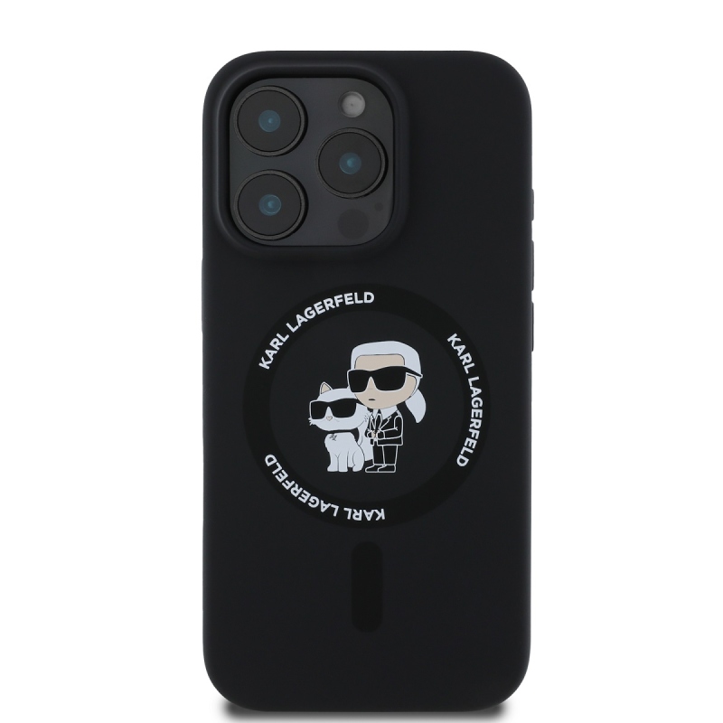 Karl Lagerfeld folyékony szilikon Karl és Choupette MagSafe hátlap iPhone 16 Pro Max-hoz Fekete