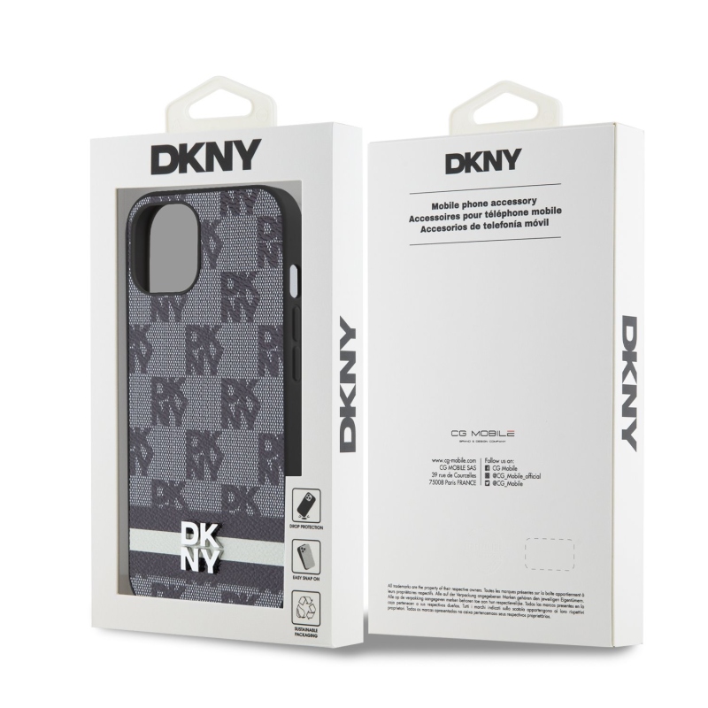 DKNY PU bőrből készült kockás mintás és csíkos hátlapi borító iPhone 12/12 Pro fekete színhez