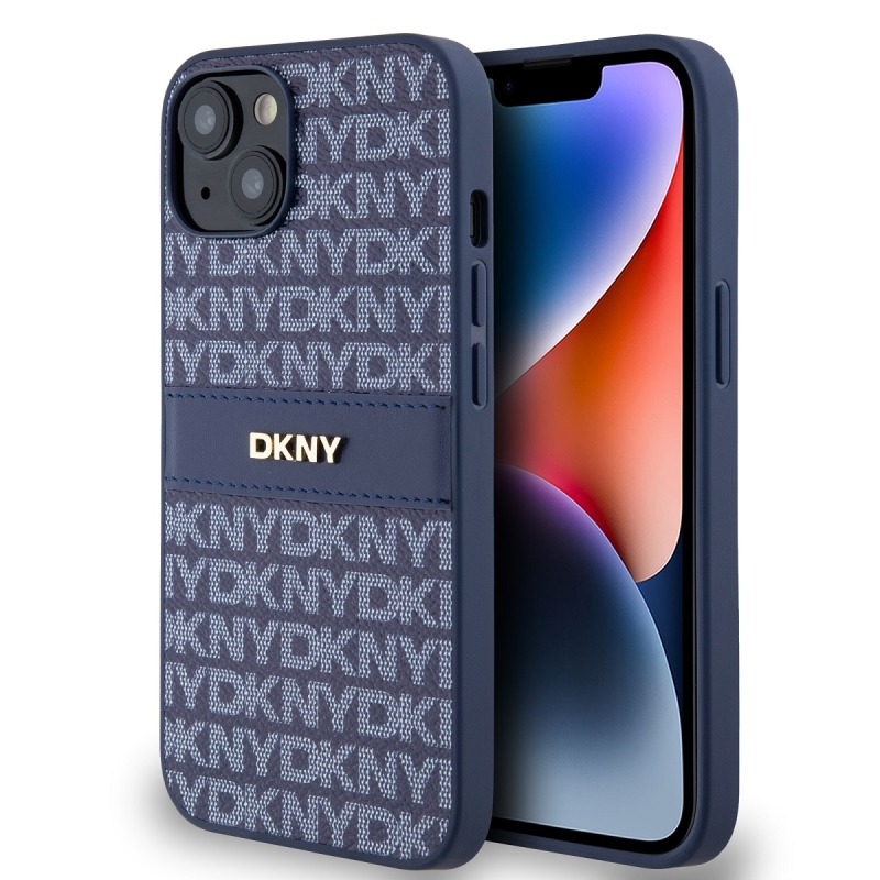 DKNY PU bőr ismétlődő mintás tonális csíkos hátlapi borító iPhone 14 kékhez
