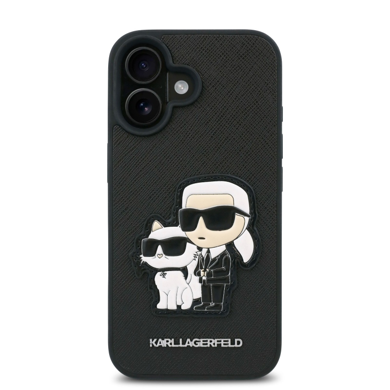 Karl Lagerfeld PU Saffiano Karl és Choupette hátlap iPhone 16 Plus készülékhez Fekete