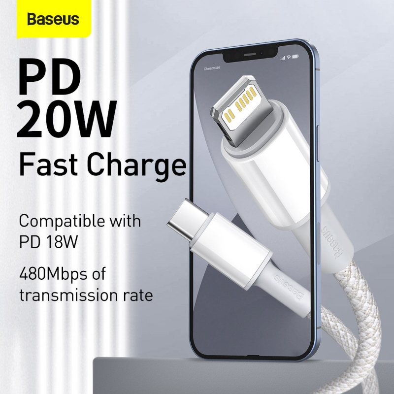 Baseus High Density Braided Series gyors töltő adatkábel USB-C - világítás 20W 1m fehér