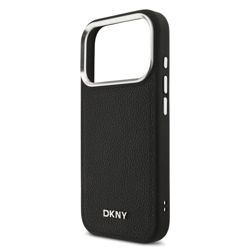 DKNY PU bőr fém logós csuklólánc MagSafe hátlap iPhone 17 Pro fekete színűre