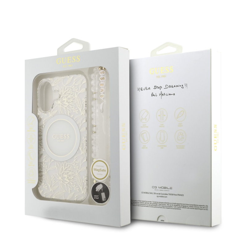 Guess IML Virágok Allover Strap MagSafe hátlapi borító iPhone 17 Fehér