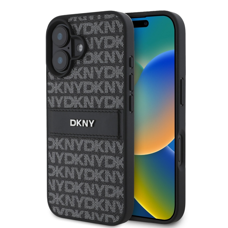 DKNY PU bőr ismétlődő mintás tonális csíkos hátlap iPhone 16-hoz Fekete