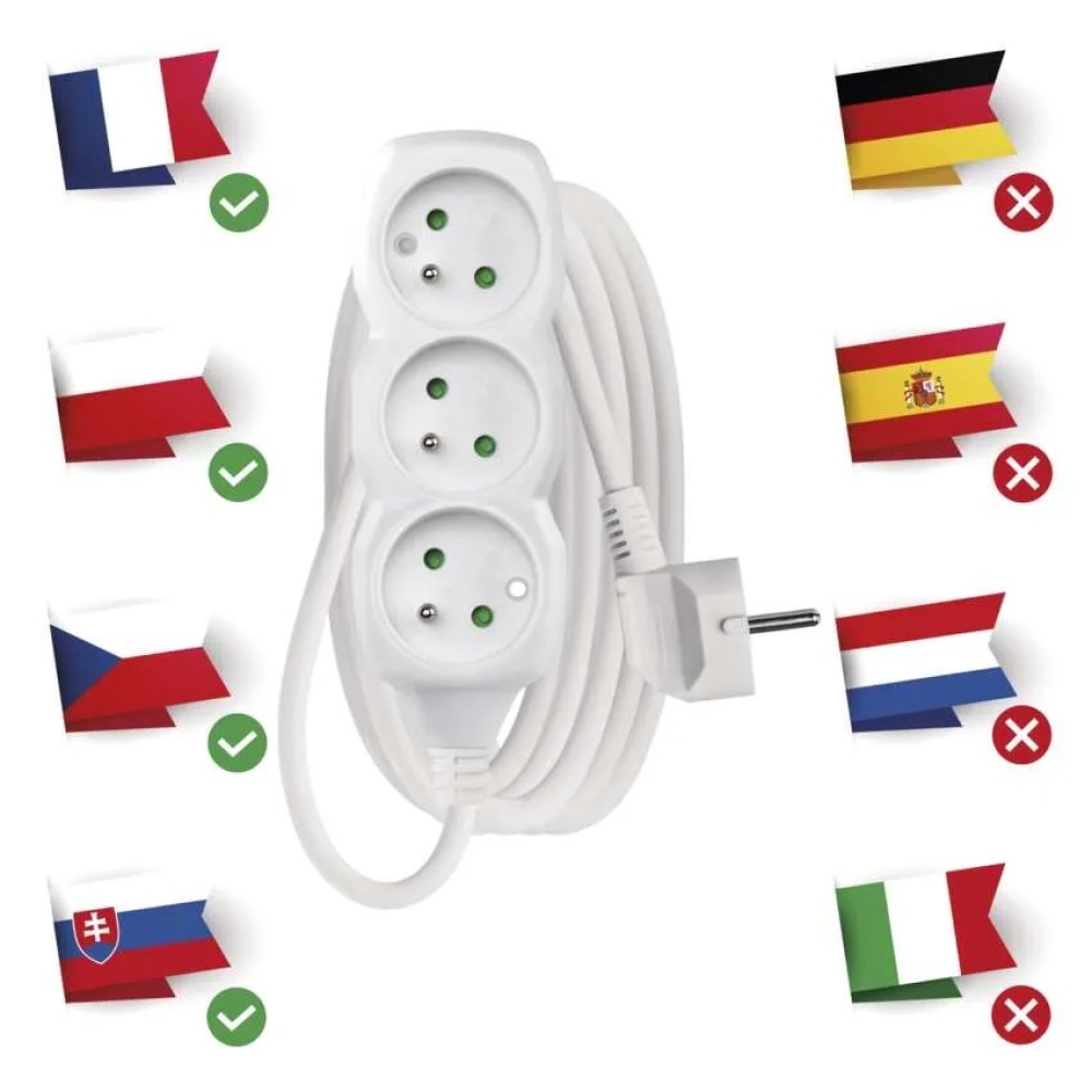 Hosszabbító kábel 3 m / 3 aljzat / fehér / PVC / 1 mm2