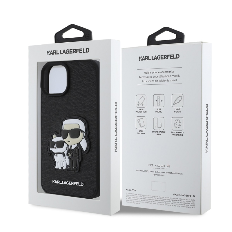 Karl Lagerfeld PU Saffiano Karl és Choupette hátlap iPhone 15-hez Fekete