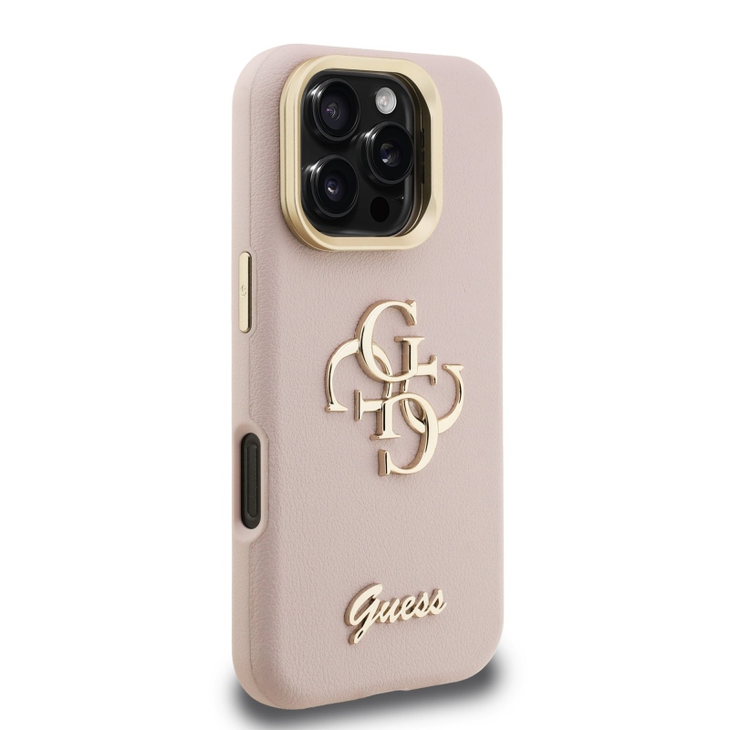 Guess PU szemcsés 4G logós állvány kamerakeret hátlap iPhone 16 Pro Max rózsaszínű iPhone 16 Pro Max-hoz