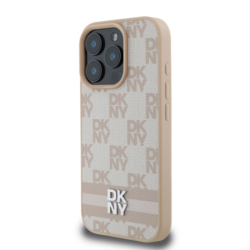 DKNY PU bőr kockás mintás és csíkos hátlapi borító iPhone 16 Pro Max rózsaszínhez