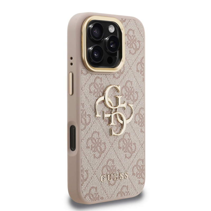 Guess PU 4G fém logó állvány kamera keret hátlapja iPhone 16 Pro Max rózsaszínhez