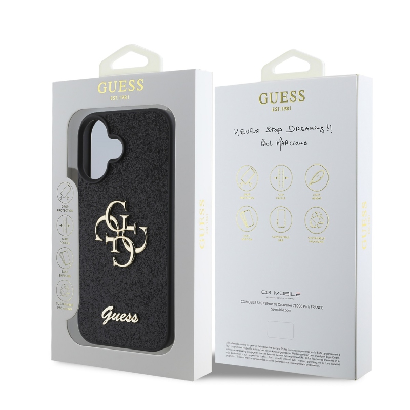 Guess PU Fixed Glitter 4G fém logó hátlap iPhone 16-hoz Fekete