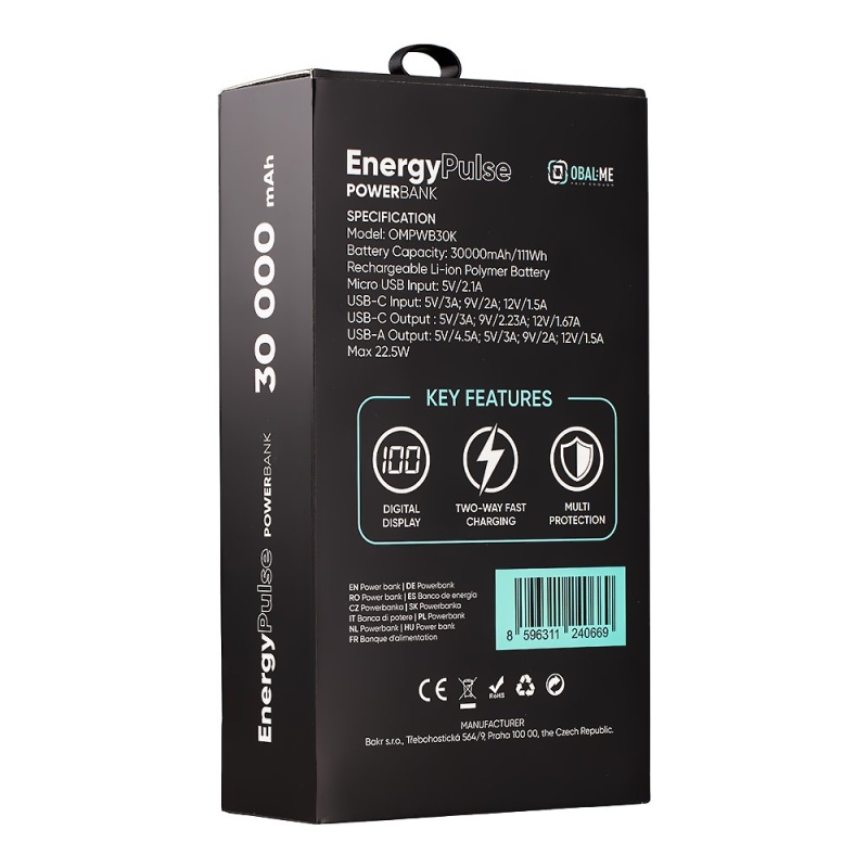 Csomag:ME EnergyPulse Powerbank 30000mAh 22.5W fekete