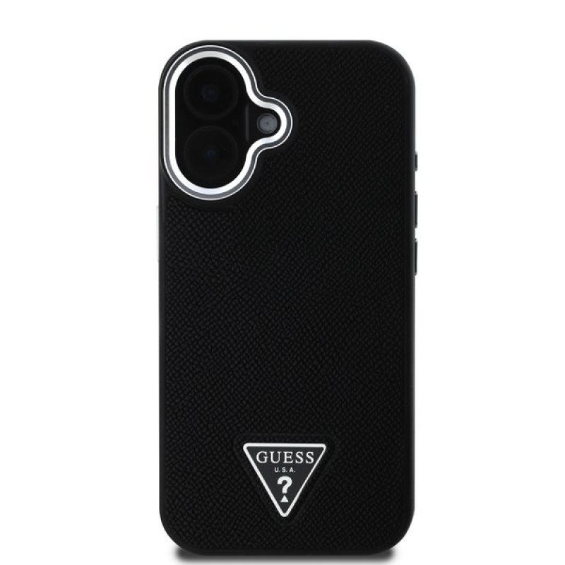 Guess PU szemcsés, háromszög alakú logós hátlap iPhone 16-hoz Fekete