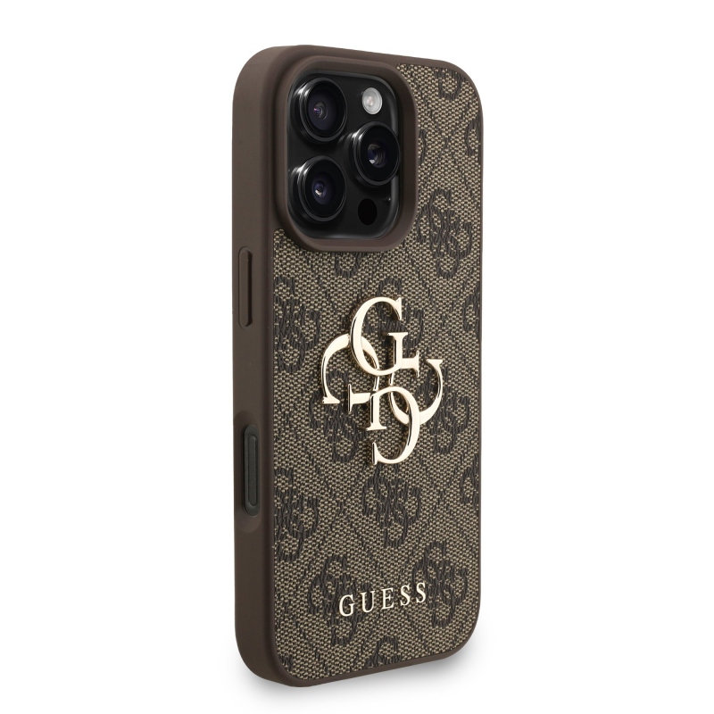 Guess PU 4G fém logós fém pánt hátlap iPhone 16 Pro Max barna színűre