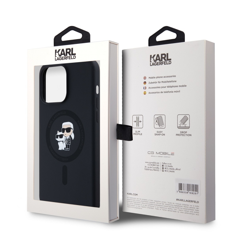 Karl Lagerfeld Folyékony szilikon Karl és Choupette Magsafe hátlap iPhone 15 Pro Max-hoz Fekete