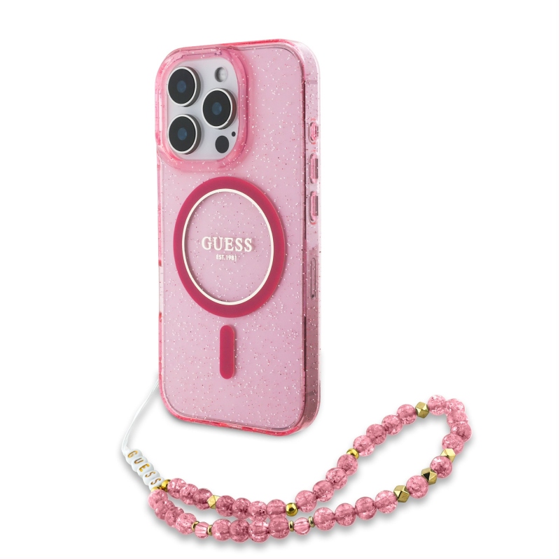 Guess IML csillogó pántos MagSafe hátlap iPhone 16 Pro rózsaszínű iPhone 16 Pro készülékhez
