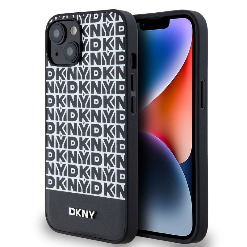 DKNY PU bőr ismétlődő mintás alsó csíkos MagSafe hátlap iPhone 13-hoz Fekete