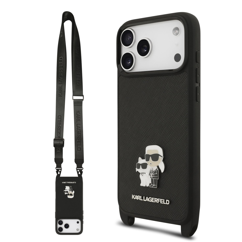Karl Lagerfeld Saffiano Crossbody Strap Metal Karl és Choupette hátlapi borító iPhone 17 Pro Max-hoz Fekete