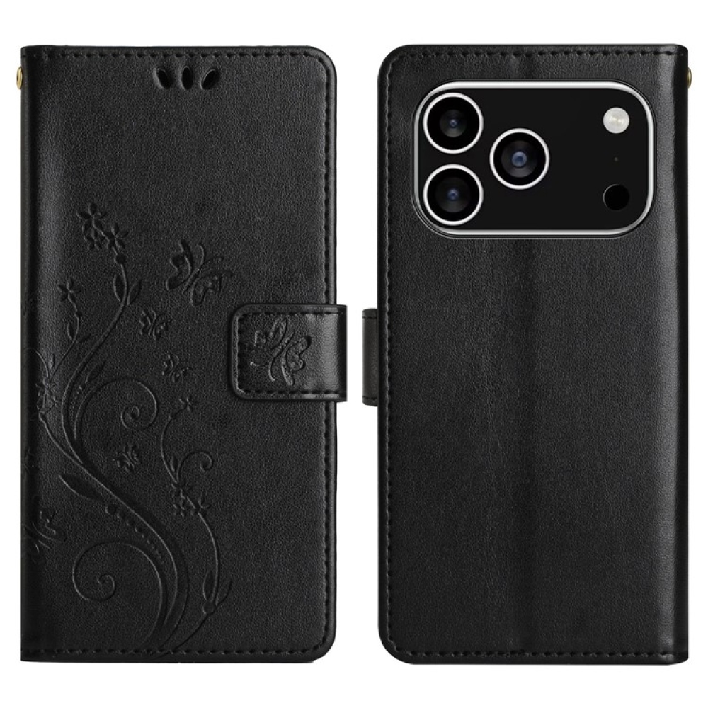 Virágok könyvtáska iPhone 17 Pro készülékhez - fekete