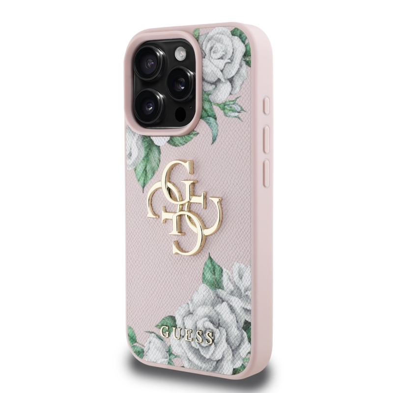 Guess PU szemcsés rózsák 4G fém logó hátlap iPhone 16 Pro rózsaszínhez