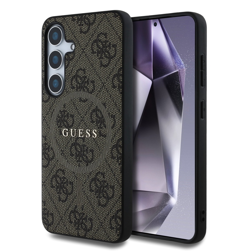 Guess PU bőr 4G színes gyűrűs MagSafe hátlap Samsung Galaxy S25 barna