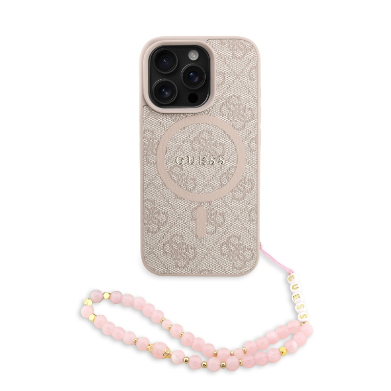 Guess PU bőr 4G színes gyűrűs pánt MagSafe hátsó borító iPhone 16 Pro rózsaszínhez