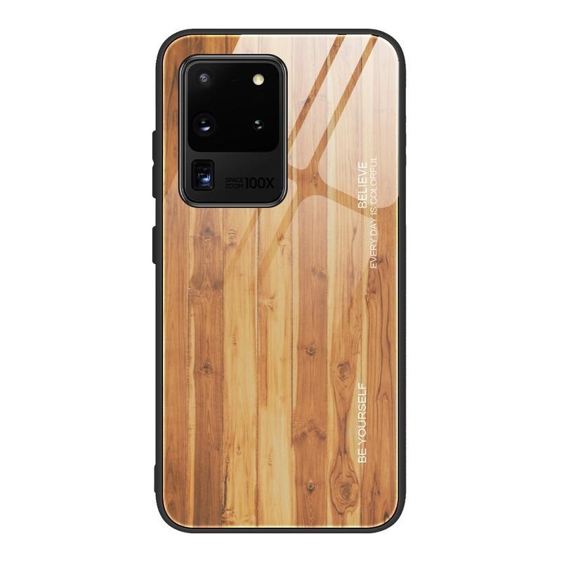Fa zselés tok üveg hátlappal Samsung Galaxy S20 Ultra készülékhez - barna
