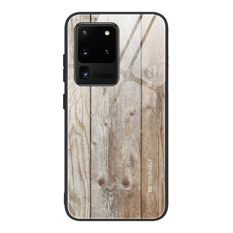 Fából készült zselés tok üveg hátlappal a Samsung Galaxy S20 Ultra készülékhez - szürke