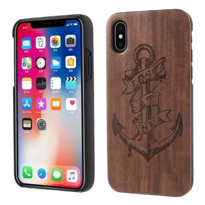 Fás műanyag tok fából készült hátlappal és égetett motívummal iPhone X készülékhez - horgony