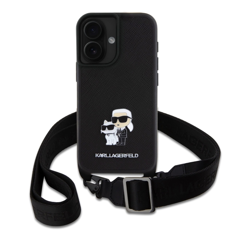 Karl Lagerfeld Saffiano Crossbody Strap Metal Karl és Choupette hátlapi borító iPhone 16 Plus-hoz Fekete