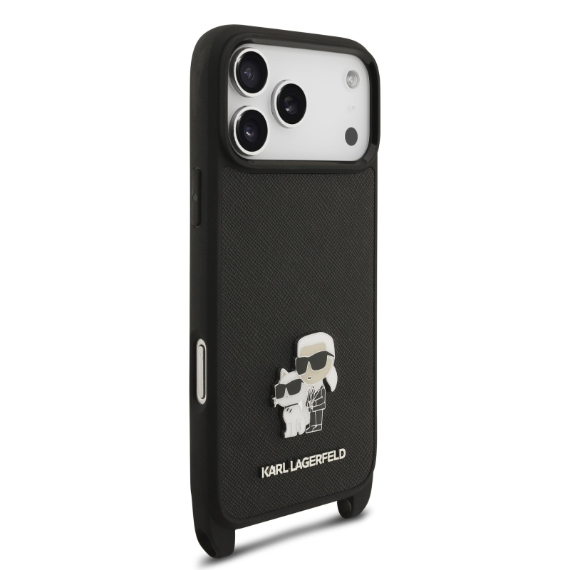 Karl Lagerfeld Saffiano Crossbody Strap Metal Karl és Choupette hátlapi borító iPhone 17 Pro Max-hoz Fekete