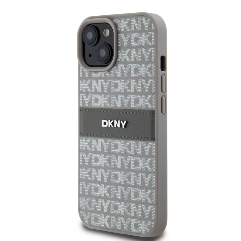 DKNY PU bőr ismétlődő mintás tonális csíkos hátlapi borító iPhone 15 bézs színűre