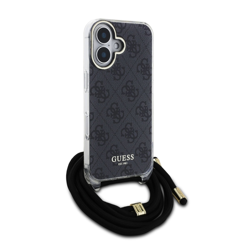 Guess IML 4G nyomtatott keresztpántos hátlapi borító iPhone 16-hoz Fekete