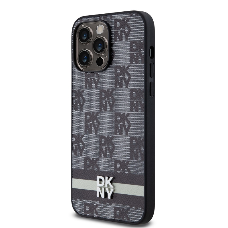 DKNY PU bőr kockás mintás és csíkos hátlapi borító iPhone 15 Pro Max-hoz Fekete