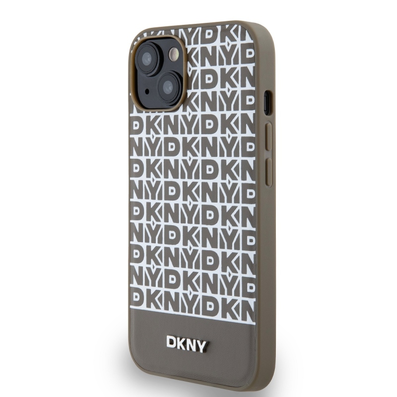 DKNY PU bőr ismétlődő mintás alsó csíkos MagSafe hátlap iPhone 15 barna 15-hez barna