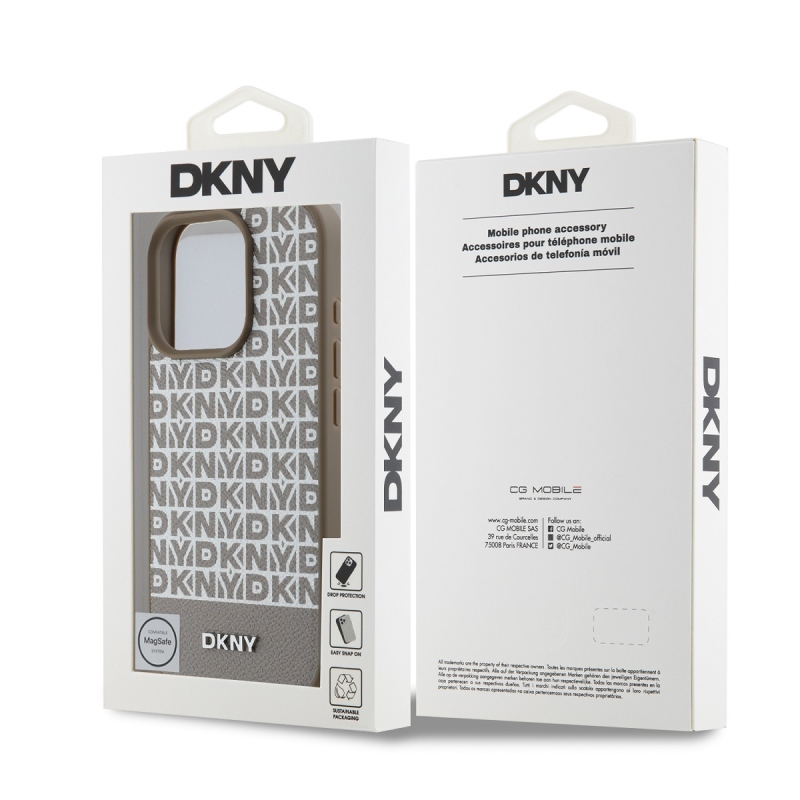 DKNY PU bőr Ismétlődő mintás alsó csík MagSafe hátlap iPhone 16 Pro barna színű borítóhoz