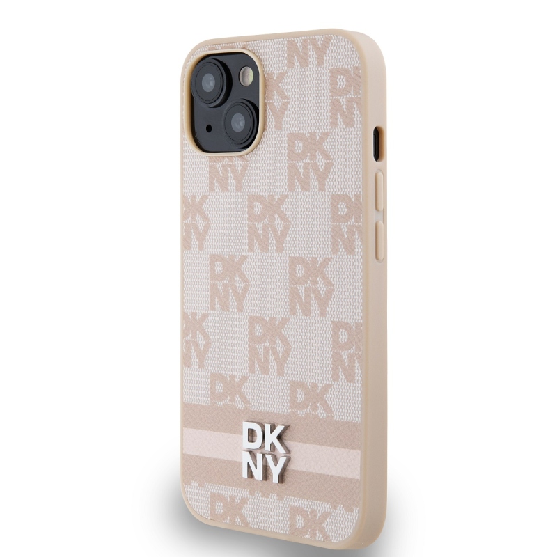 DKNY PU bőr kockás mintás és csíkos hátlapi borító iPhone 14 rózsaszínhez