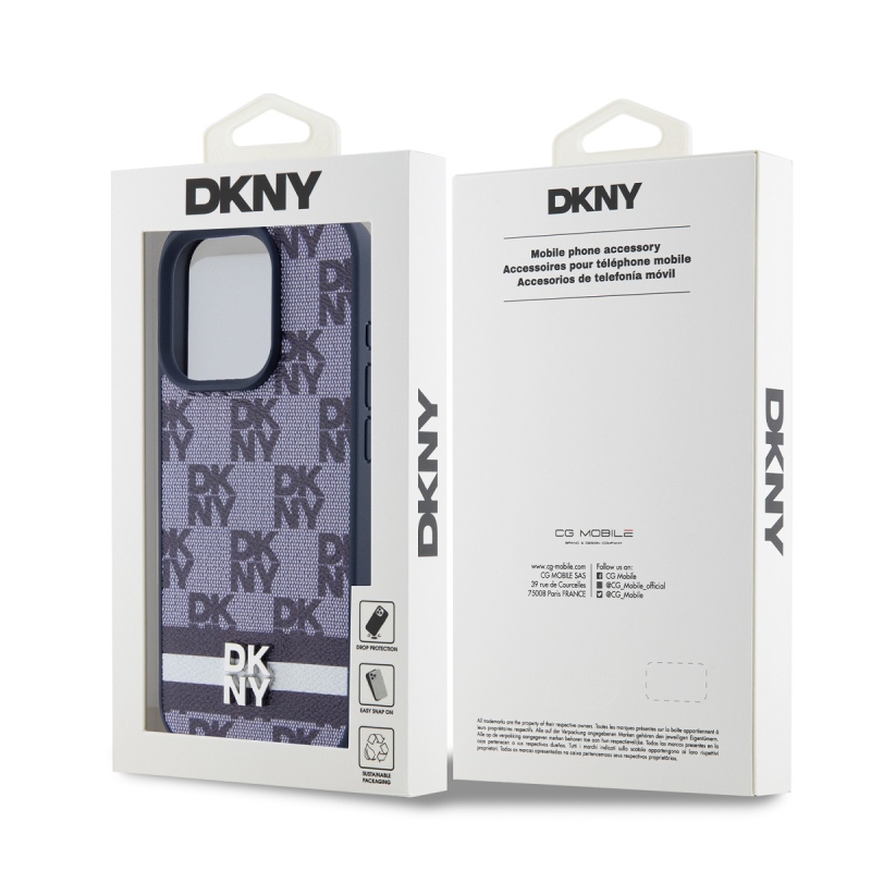 DKNY PU bőr kockás mintás és csíkos hátlapi borító iPhone 15 Pro Max kékhez