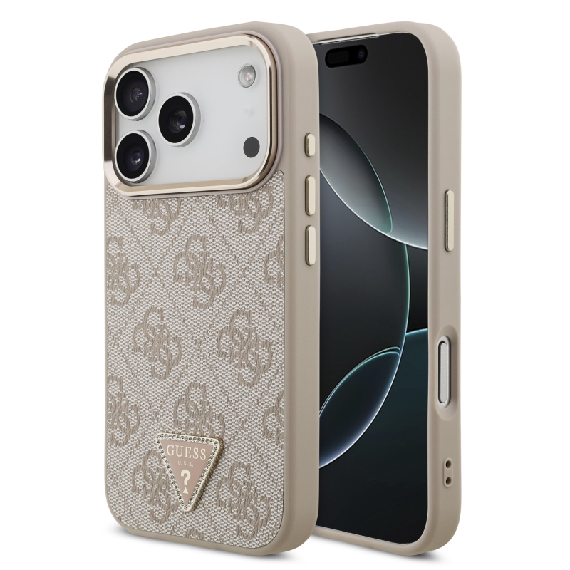 Guess PU bőr 4G Strass háromszög logó arany keret MagSafe hátlap iPhone 17 Pro rózsaszínű borítóhoz
