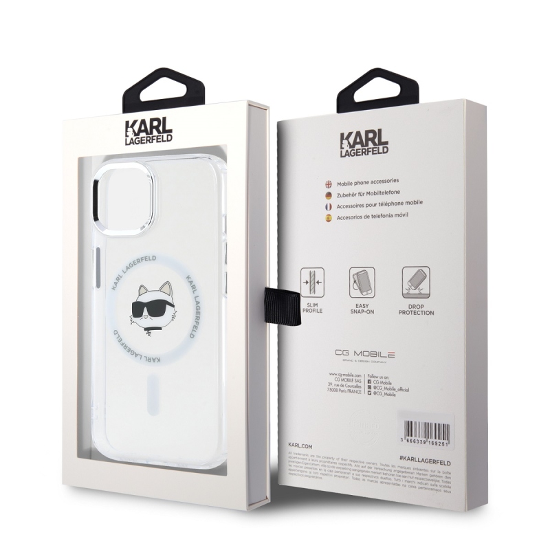 Karl Lagerfeld IML Choupette Head fémkeret MagSafe hátlapi borító iPhone 15-hez Átlátszó