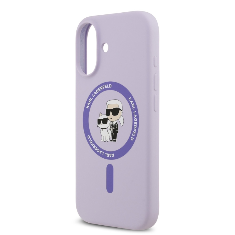 Karl Lagerfeld folyékony szilikon Karl és Choupette MagSafe hátlapi borító iPhone 17 lilára