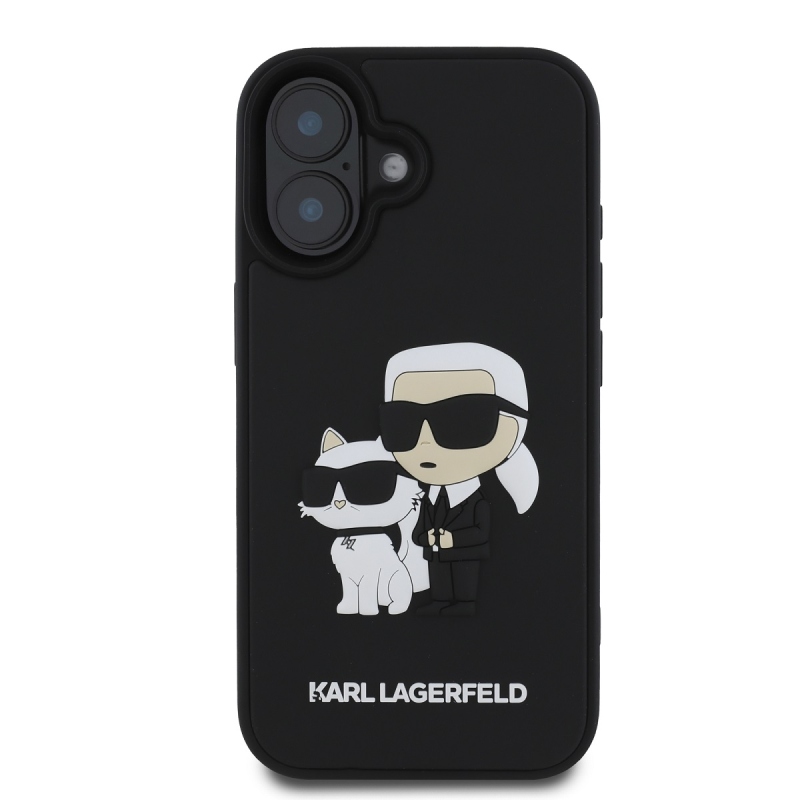 Karl Lagerfeld 3D gumiból készült Karl és Choupette hátlap iPhone 16 Plus készülékhez Fekete