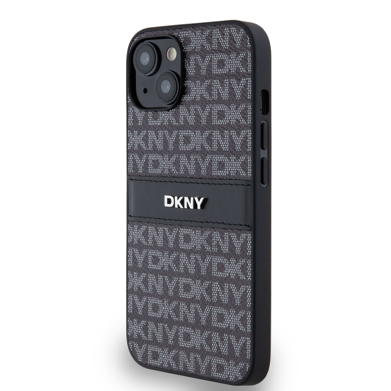 DKNY PU bőr ismétlődő mintás tonális csíkos hátlapi borító iPhone 14-hez Fekete